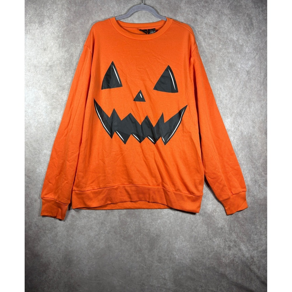Mad Engine Sweatshirt Mens XL Orange Jack O Lantern Pumpkin Face Graphic Fleece